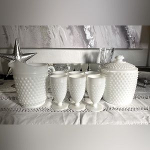 HOBNAIL Milk Glass Water Pitcher AND Ice Bucket